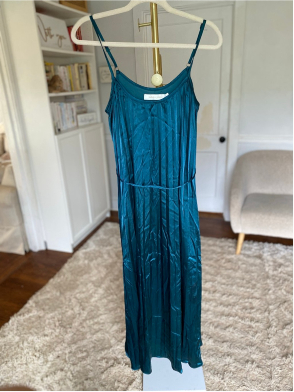 Bishop + Young Teal Pleated Maxi Dress Quiet Luxury Old Money Coquette Feminine - Picture 2 of 7